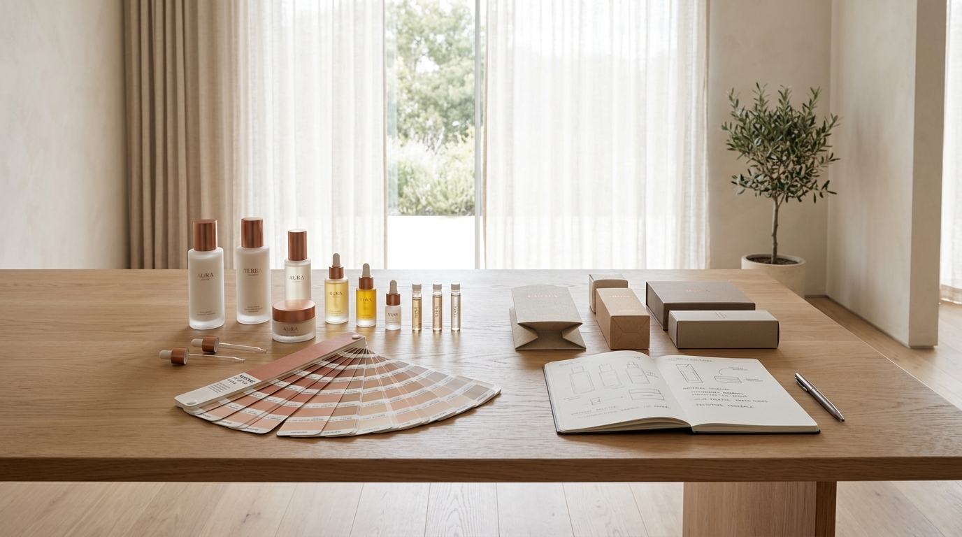 Cosmetics product development studio with shade chips and prototypes
