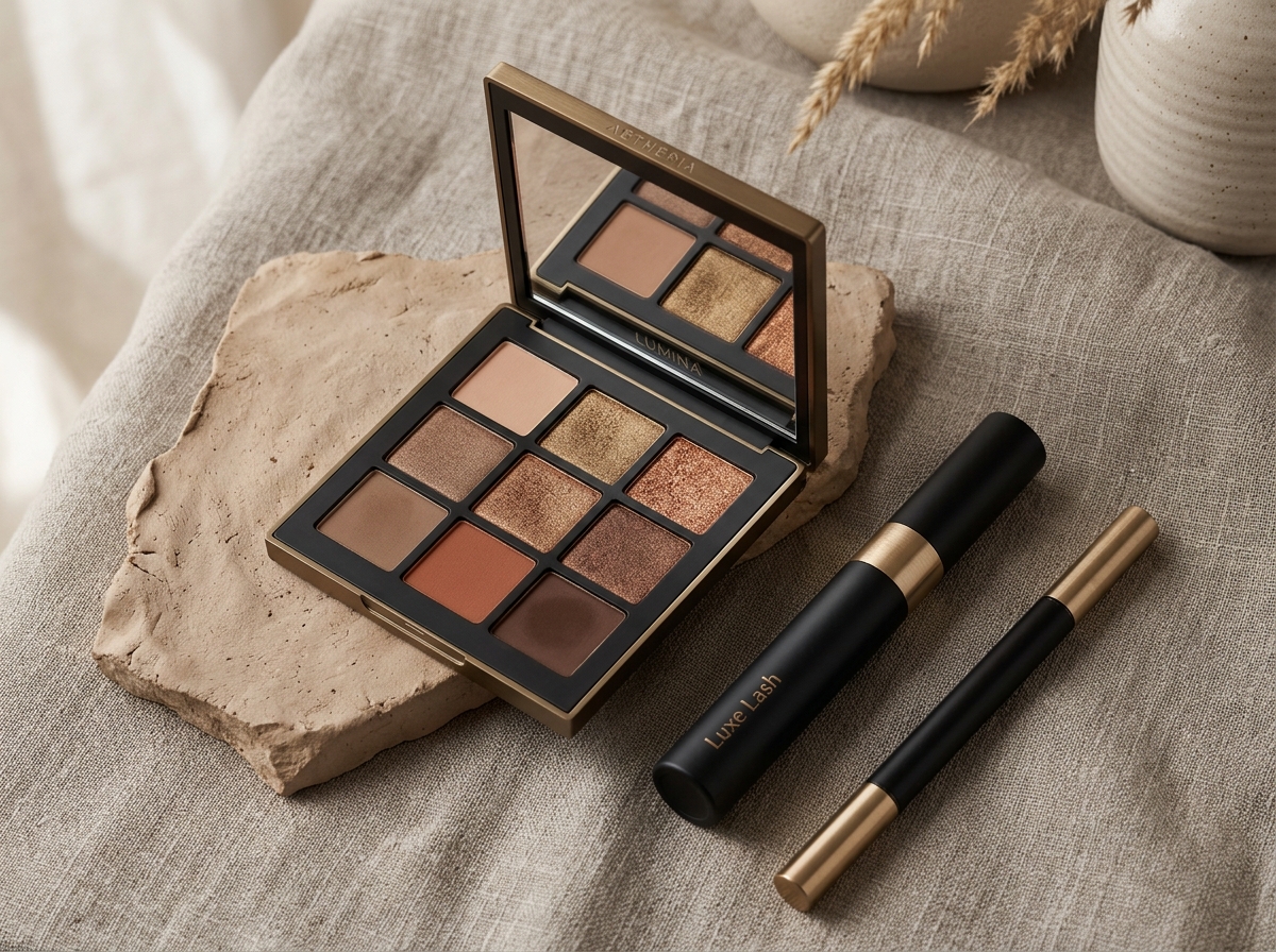 Neutral eyeshadow palette with tubing mascara and eyeliner